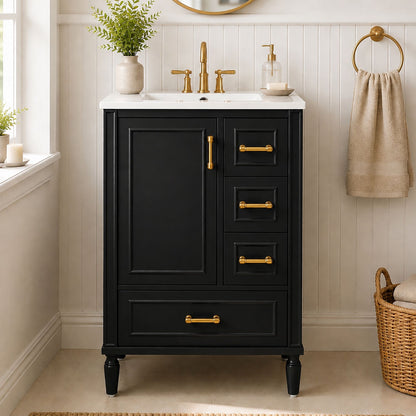24' Modern Bathroom Vanity with Ceramic Sink, Soft-Close Door, 3 Drawers, Gold Handles, and Door-Mounted Rack for Space-Saving Storage(Old SKU:N729P373272B)