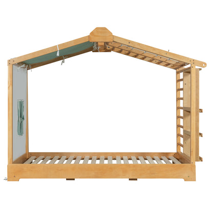 Twin Size House Bed with Twin Size Trundle and Side Shelves, Natural