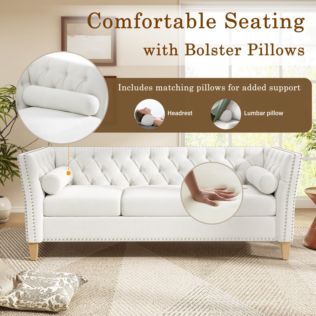 Elegant Transitional 3-Seat Sofa with Flared Arms, Nailhead Trim & Solid Wood Legs, Comfortable Couch
