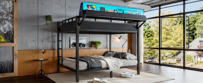 Queen over Queen Size Metal Bunk Bed with Storage Shelves and Pegboard, Bunk Bed Frame with USB Ports and LED Lights, Space-Saving, for Teens and Adults, Black