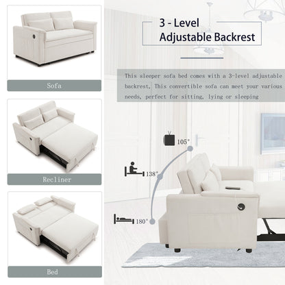 55' Velvet Two Seater Pull Out Sofa Bed, Adjustable Backrest With  USB Ports, Two Side Pockets, 3 in 1 Convertible Sleeper Sofa Bed, Modern Love Seat Lounge,2 waist pillows for living rooms,BEIGE