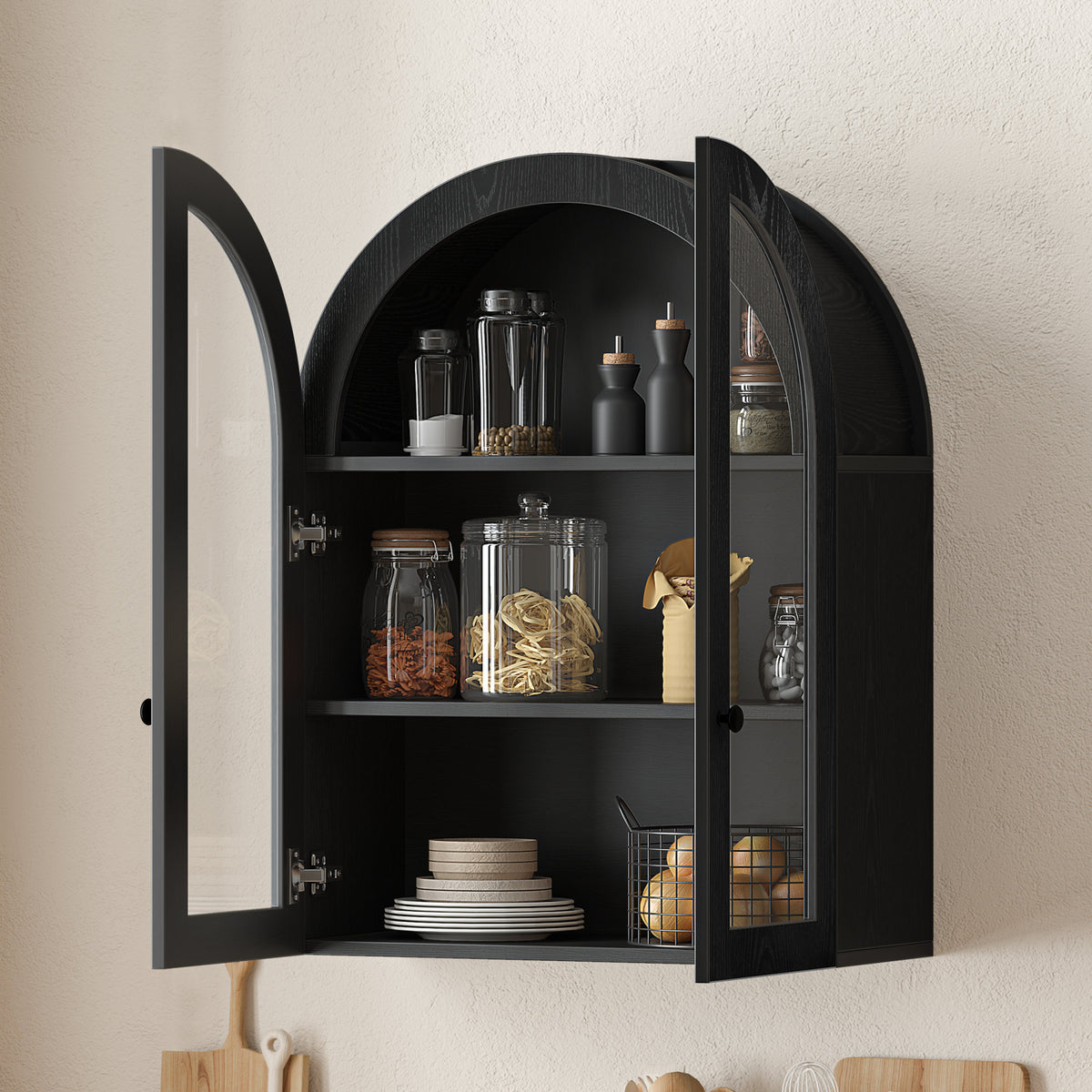 Arched Wall Mounted Cabinet, Wood Veneer Wall Storage Cabinet with Tempered Glass Doors, Adjustable Shelf, Easy Hanging Hardware Included, Decorative Floating Wall Cabinet for Laundry Room, Black