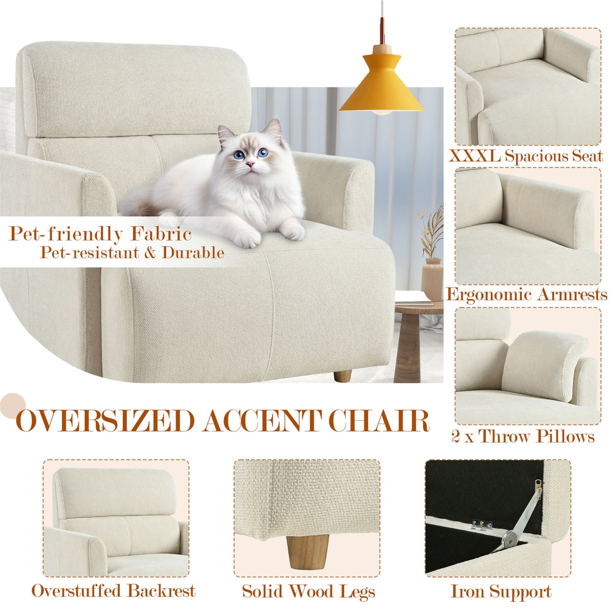 Oversized Chair w/Storage Ottoman, Wide Accent Armchair Chair for Living Room, Modern Lounge Chair, Upholstered Mid-Century Reading Chair, Comfy Living Room Chair, Deep Seat Sofa Couch(Beige Gray)