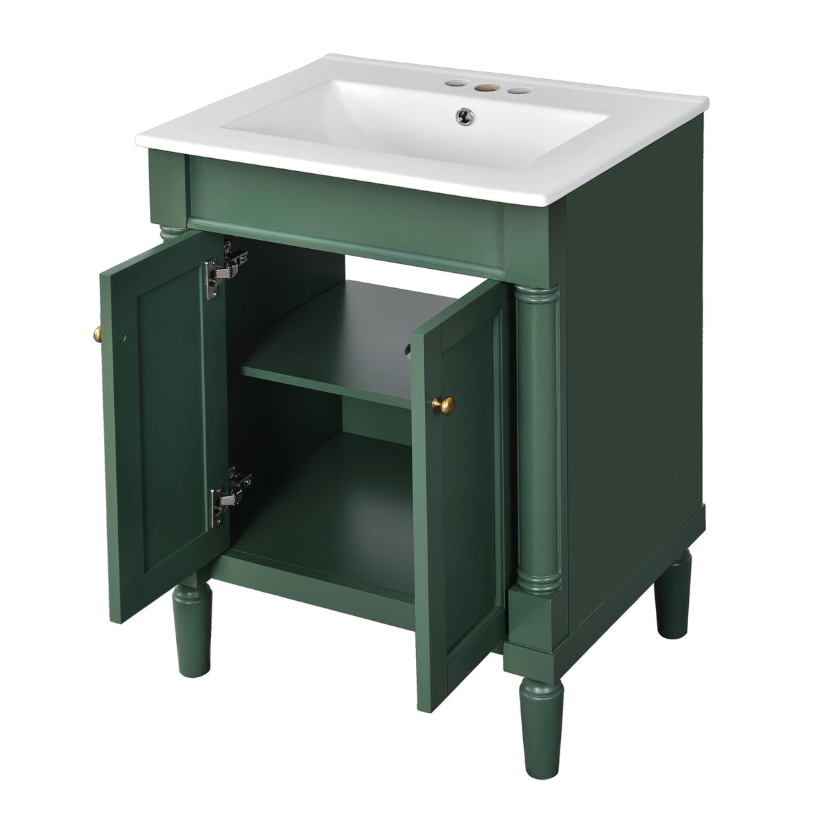 Modern Green Bathroom Vanity with Top Sink, 2-Tier Storage Cabinet, Ceramic Basin, Solid Wood Frame, 24''