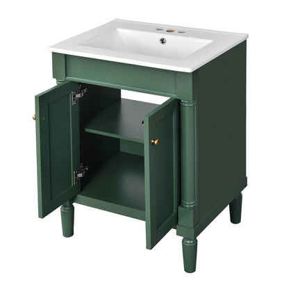 Modern Green Bathroom Vanity with Top Sink, 2-Tier Storage Cabinet, Ceramic Basin, Solid Wood Frame, 24''