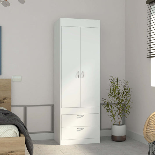 Armoire 70H', Double Door Cabinet, Two Drawers, Metal Handles, Rod, White