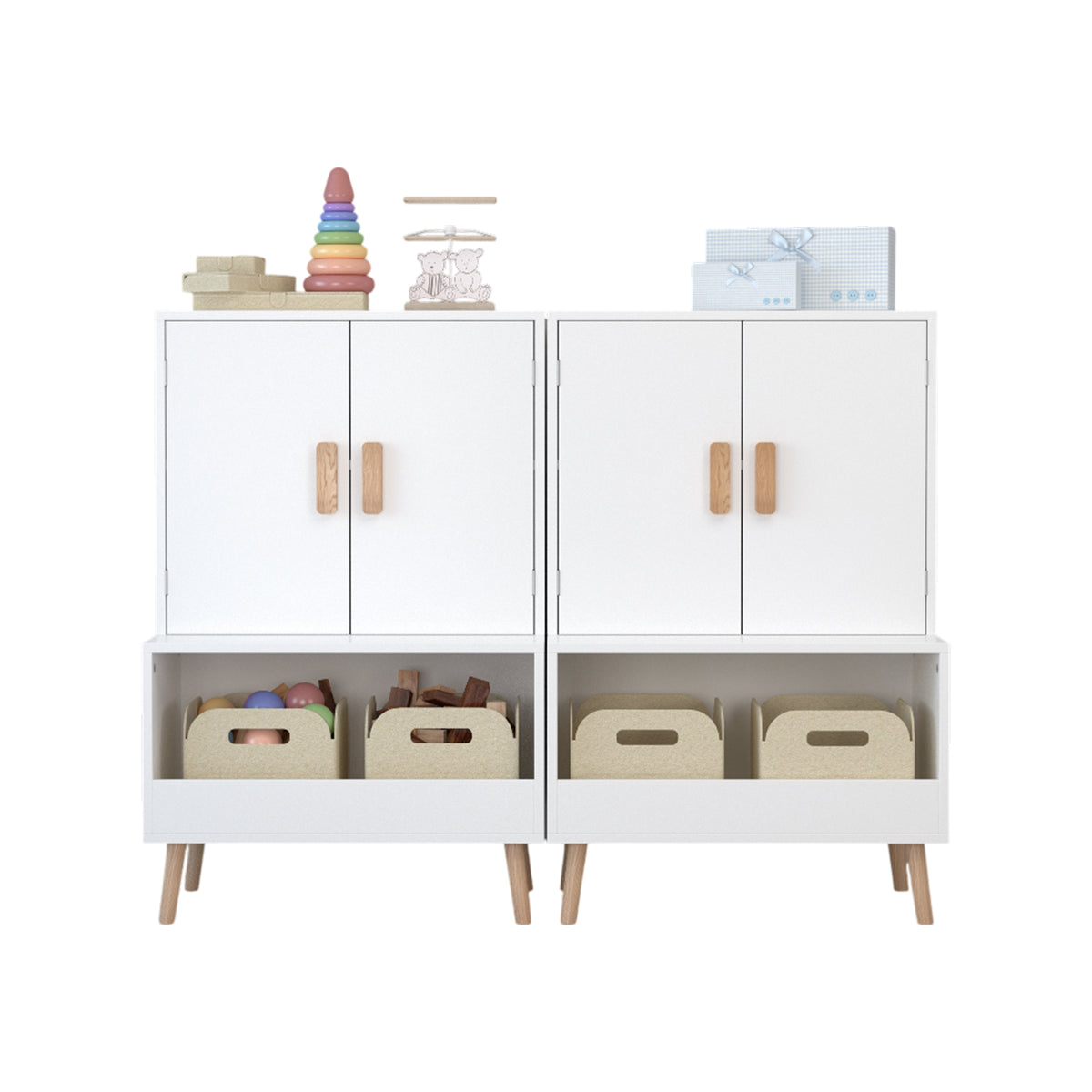 Kids Toy Storage Cabinet with Doors and Open Shelf, White Modern Wooden Organizer with Natural Wood Legs, Toddler Bookshelf