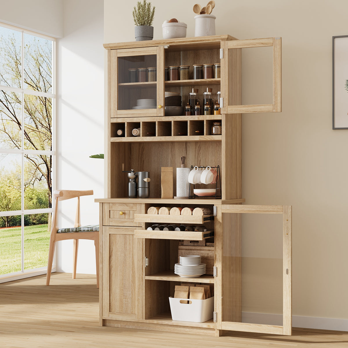[Assembly Video Provided] TOPMAX Farmhouse 35.4x17.7x74.8inch Freestanding Buffet with Hutch – Natural