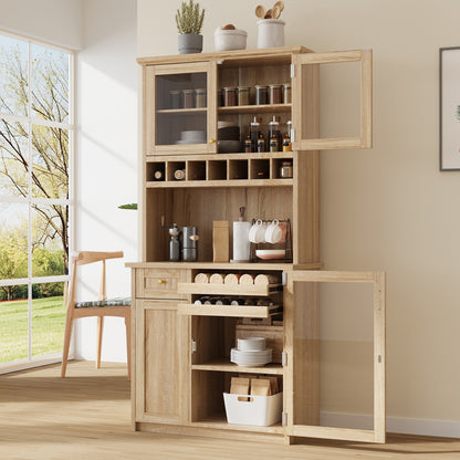 [Assembly Video Provided] TOPMAX Farmhouse 35.4x17.7x74.8inch Freestanding Buffet with Hutch – Natural