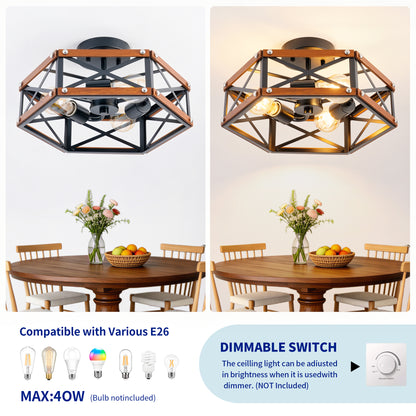 Rustic Farmhouse Wood Flush Mount Ceiling Light Fixture 14.57 inch Wood and Metal Cage Semi Flush Mount Ceiling Light for Hallway Entry Dining Farmhouse Bedroom Living Room,--Matte Black
