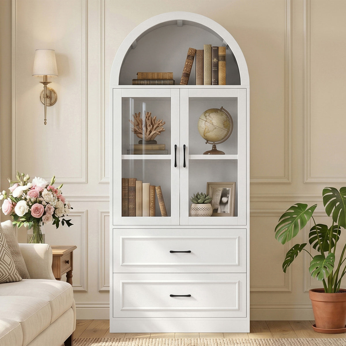 [Video] Modern Minimalist Arched Top Storage Cabinet with Tempered Glass Doors, Fixed 2-Tier Shelves, 2 Large Drawers, Soft Close Hinges & Exquisite Metal Handles, White