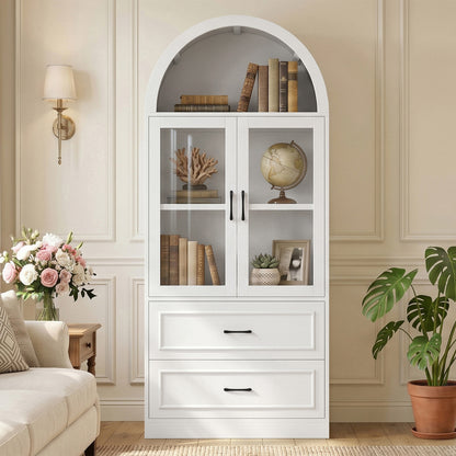 [Video] Modern Minimalist Arched Top Storage Cabinet with Tempered Glass Doors, Fixed 2-Tier Shelves, 2 Large Drawers, Soft Close Hinges & Exquisite Metal Handles, White