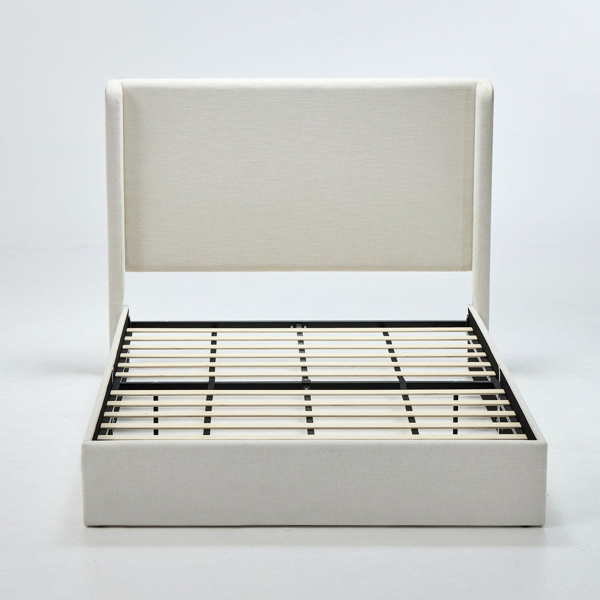 Carmen Upholstered Wingback Bed / Upholstered Platform Bed Frame / 54" High Headboard / Simplicity / Minimalist / No Box Spring Needed / Easy Assembly / Queen/ Textured Ivory Canvas / No Noise