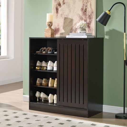 Shoe Storage Cabinet Ventilated Slat Style Sliding Doors Four shelves two removeable Espresso Color