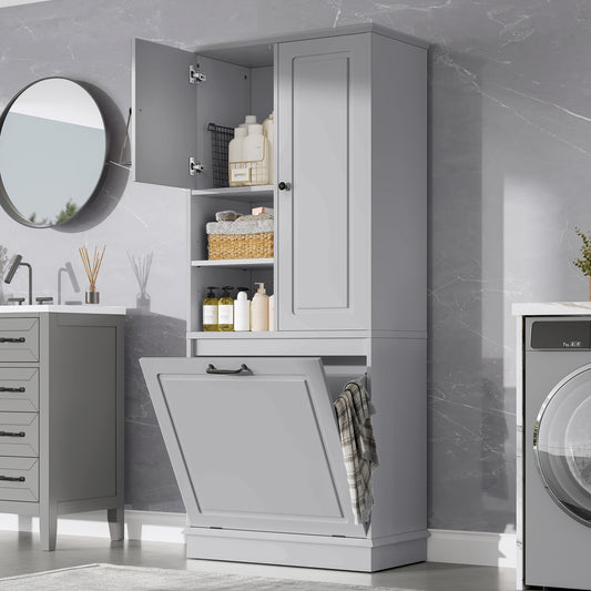 Tall Storage Cabinet with Adjustable Shelves, Large Flip-Out Basket & Enclosed Cabinets – Perfect for Bathroom, Living Room, or Office, MDF Material with Aluminum Alloy Handles