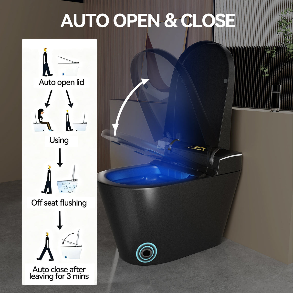 Smart Bidet Toilet with Auto Open/Close Seat, Warm Water Wash, Heated Seat, and Dryer in Black Ceramic, One-Piece Design