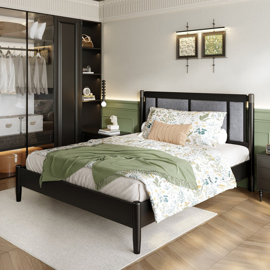 Solid Wood Queen Bed, Heavy Duty 500 lbs Support, No Box Spring Needed, Black Upholstered Headboard with Metal Handles