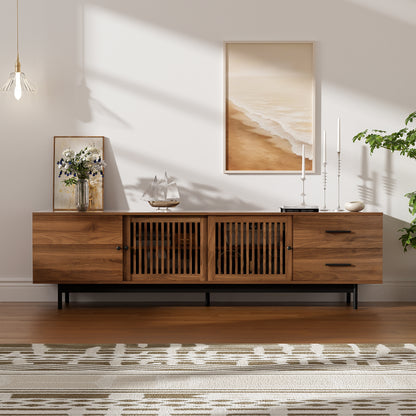 78' TV Stand for TVs up to 85', Media Console with Two Drawers, Soft-Closing Hinges, Adjustable Shelves, Slatted Design in Walnut Finish, MDF Construction