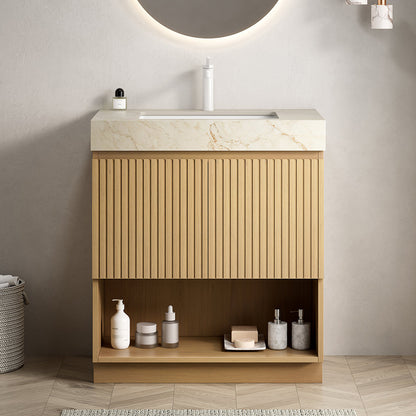 FINO 30" Bathroom Vanity&Sink,Freestanding Cabinet,Cream Gold Vein Sintered Stone Top&Ceramic Basin with 1 Pre-drilled Faucet Hole, Disassembled, Faucet & Drain Excluded, Corolla Oak Woodgrain Color