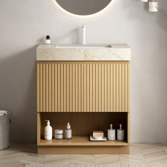 FINO 30" Bathroom Vanity&Sink,Freestanding Cabinet,Cream Gold Vein Sintered Stone Top&Ceramic Basin with 1 Pre-drilled Faucet Hole, Disassembled, Faucet & Drain Excluded, Corolla Oak Woodgrain Color