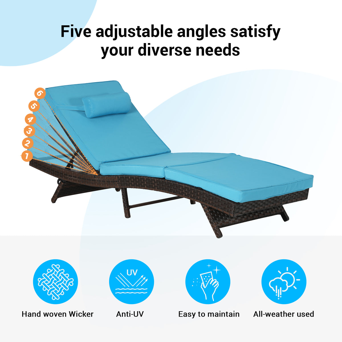 Outdoor Wicker Long Reclining Chair Set of 2 , Wicker Reclining Lounge Chair Lawn Sunbathing Chairs Recliner up to 150°  Beach Poolside Garden