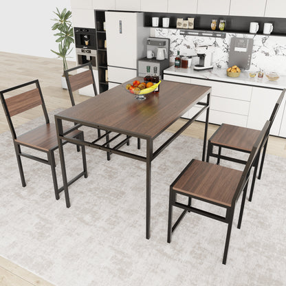4-Piece Rectangular Dining Table Set with 4 Chairs, Industrial Wood Grain Kitchen Table with Built-in Wine Storage Rack, Space Saving Metal Frame Dinner Furniture for Apartment Kitchen Dining Room