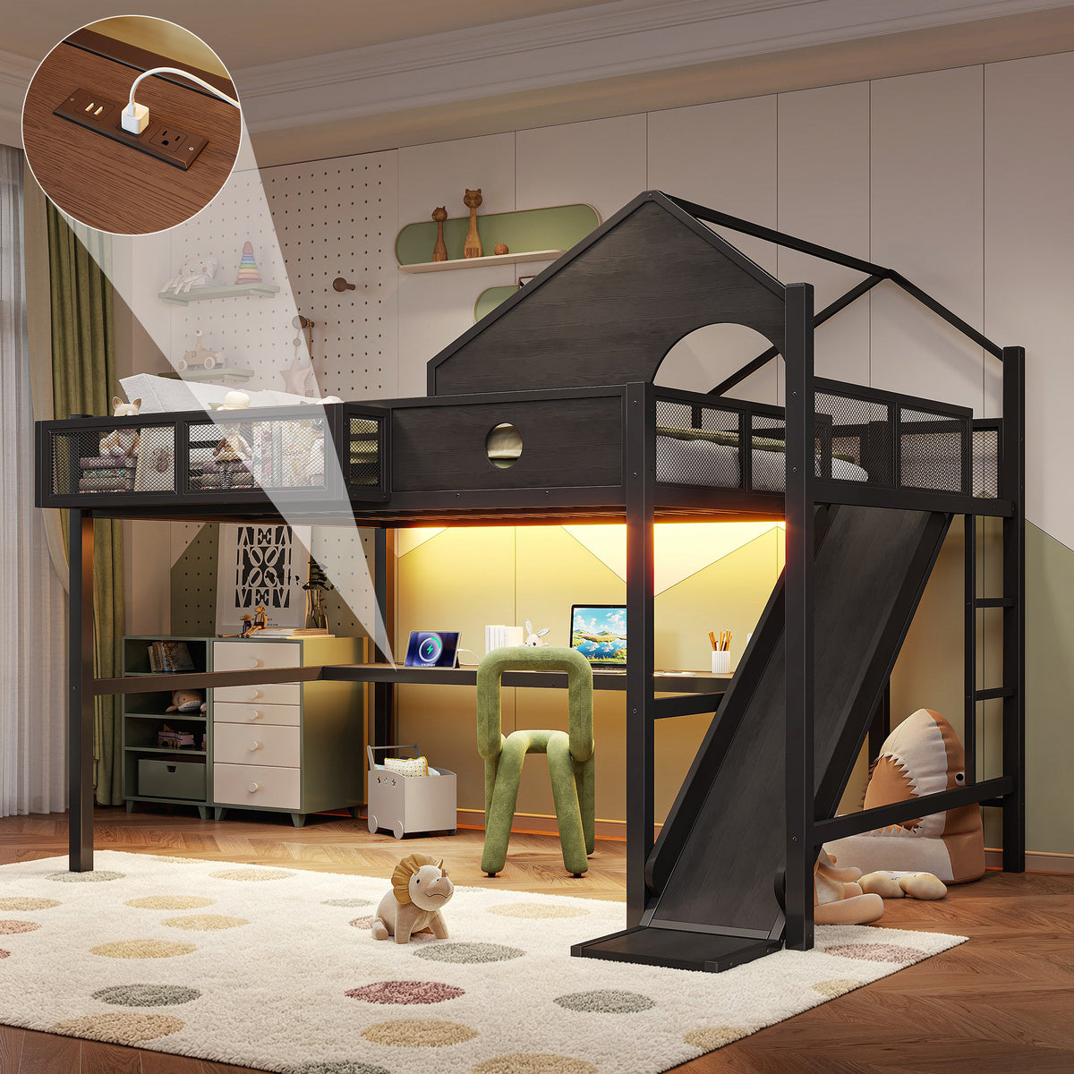 Queen Size Multifunctional Loft Bed with Slide, Desk,and Storage Shelves, Metal Loft Bed Frame With USB Ports And Led Lights, Triangular Geometry House Design, Black