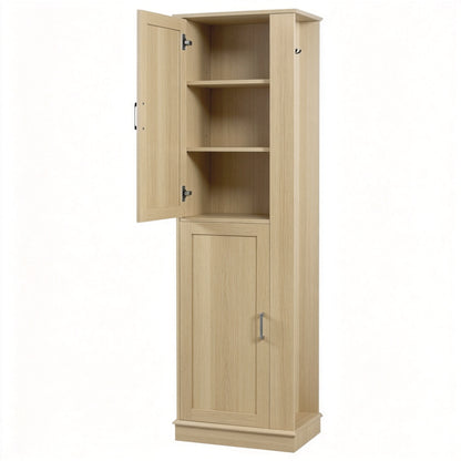 Tall Bathroom Storage Cabinet, Freestanding Storage Cabinet with Hook and Adjustable Shelf, MDF Board, Natural