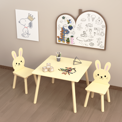 Kids Table and Chair Set with 2 Bunny Chairs, Children's Wooden Activity Table for Toddlers, Cute Animal Design Study Play Set