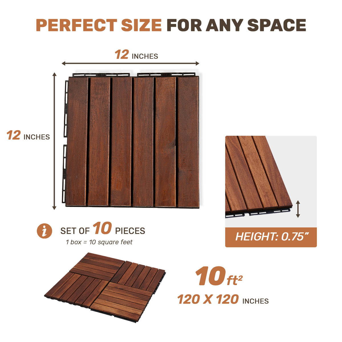 10 PCS Interlocking Deck Tiles Striped Pattern, 12" x 12" Square Acacia Hardwood Outdoor Flooring for Patio, Bancony, Pool Side,...
