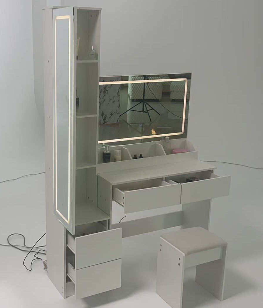 Extra Large LED Mirror Vanity Table + LED Dressing Mirror Cabinet + Cushioned Stool, Double Large LED Mirror, Touch Control, 3-color Switch