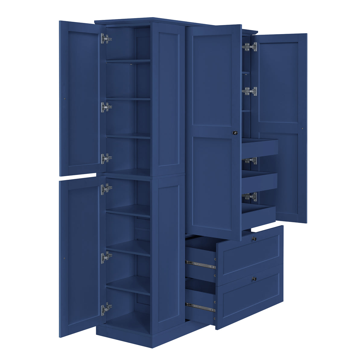 TOPMAX 73.6" Tall Farmhouse Kitchen Pantry Cabinet with 8 Shelves, 2 Drawers, 3 Pull-Out Trays, 4 Doors and Side Cabinets, Blue