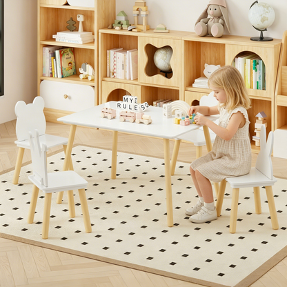 Big Kids Table and 4 Chairs Set, 5 Pieces Toddler Table and Chair Set, Wooden Activity Play Table Set (White)