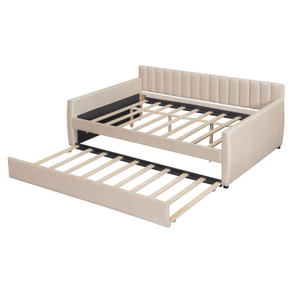Full Size Upholstered daybed with Trundle and Wood Slat Support, Beige(Old SKU:LP000121AAA)