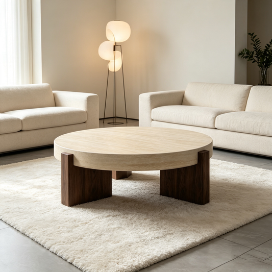 31.69 Inch Round Wood Coffee Table & Sofa Table - Sintered Stone MDF Tabletop with Sturdy MDF Pedestal for Living Room Bedroom, Reception Room Apartment Easy Assembly