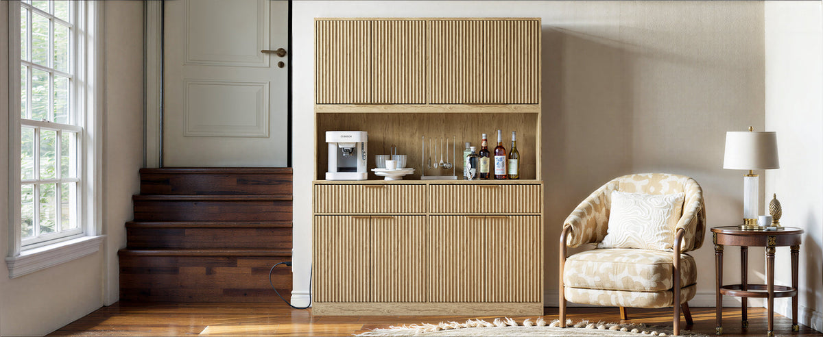 71" Tall Kitchen Pantry Cabinet with Power Outlet, Hollow Open Countertop, Modern Multi-Functional Storage Hutch Cabinet for Dining Room, Entryway and Living Room,Natural