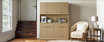 71" Tall Kitchen Pantry Cabinet with Power Outlet, Hollow Open Countertop, Modern Multi-Functional Storage Hutch Cabinet for Dining Room, Entryway and Living Room,Natural