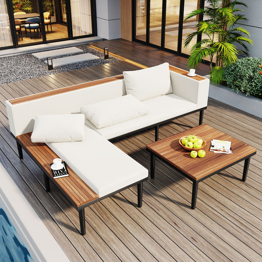 <Old SKU: N704G201251A>Luxury Patio Furniture Set with Removable Cushions and Coffee Table, L-Shaped  Acacia Wood Sofa with Side table, Outdoor Conversation Sectional Sofa  for Backyard, Porch, Beige