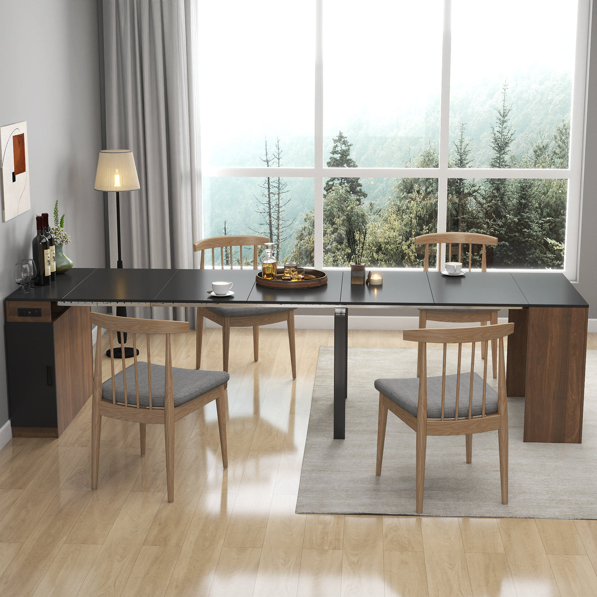 Modern Multifunctional Extendable Dining Table with Outlet, Space Saving Expanding Table with Storage for Party, Weddings, Meetings, Celebrations