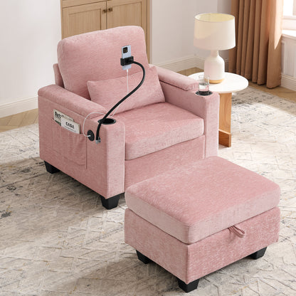 Single sofa recliner with manually adjustable backrest, USB charging port on the armrest side, phone stand included, hidden armrest storage, and a matching storage ottoman-Pink