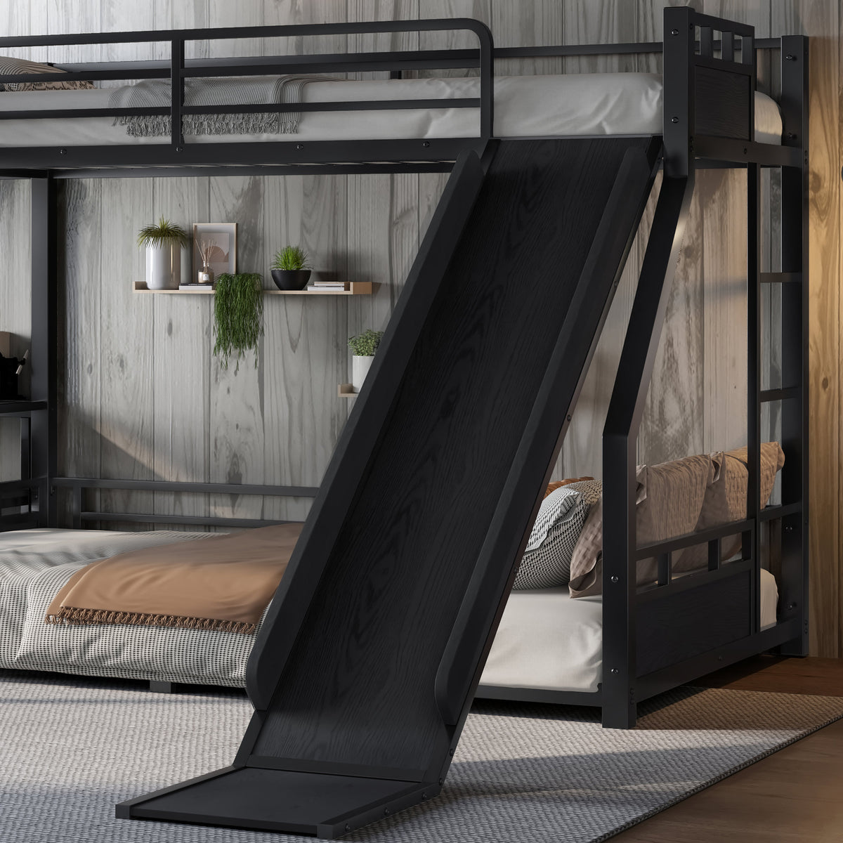 L-Shaped Metal Bunk Bed (Top bed: twin xl, bottom bed: queen) with Single Loft Bed, Desk, and Storage Shelves, USB Charging Port Included - Metal Triple Bunk Bed with Slide,B