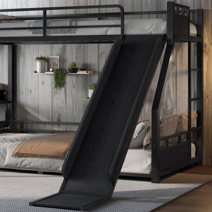 L-Shaped Metal Bunk Bed (Top bed: twin xl, bottom bed: queen) with Single Loft Bed, Desk, and Storage Shelves, USB Charging Port Included - Metal Triple Bunk Bed with Slide,B