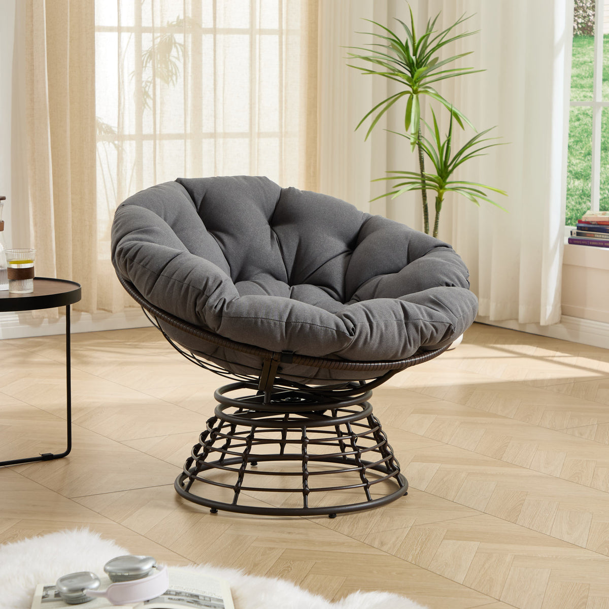 Comfortable Ergonomic Wicker Papasan Chair, 360° Swivel Indoor Outdoor Rattan Chair with Soft Thick Cushion, Ideal for Living Room, Bedroom, Reading Room, Brown Frame with Grey Cushion