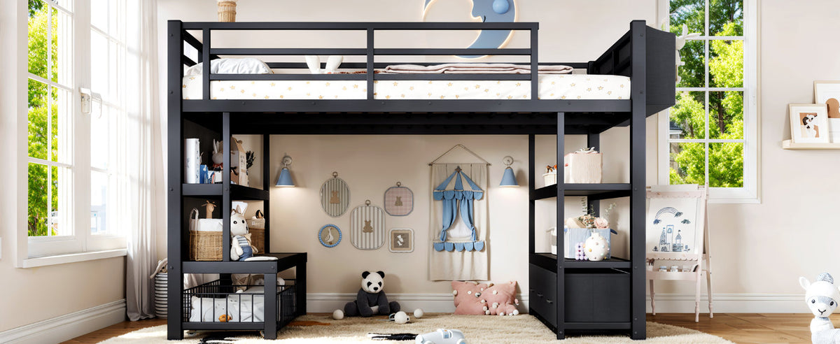 Twin Metal Low Loft Bed for Kids, Low Loft Bed with Storage Drawer, Low Loft Bed with Bookshelf & Storage Bag, Sturdy Low Loft bed Frame with Open Storage Space for Bedroom, Black