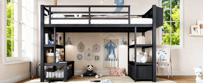 Twin Metal Low Loft Bed for Kids, Low Loft Bed with Storage Drawer, Low Loft Bed with Bookshelf & Storage Bag, Sturdy Low Loft bed Frame with Open Storage Space for Bedroom, Black