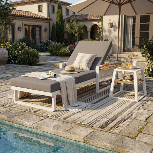 White Iron & Teak Finish Chaise Lounge Set: 1 Frame + 1 3-Fold Dark Grey Cushion, 400 lbs Capacity, 4-Position Adjustable Backrest, 4" Thick Water-Resistant Cushion for Patio Poolside Backyard