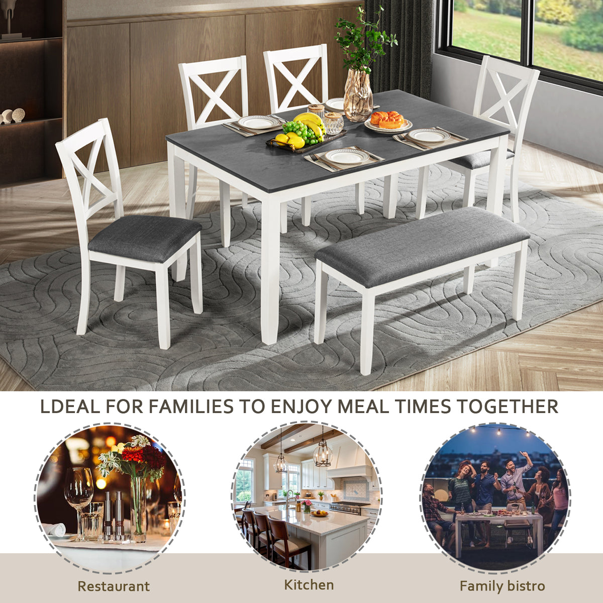 Modern 6-Piece Dining Table Set with Bench and Chairs for Dining Room or Kitchen - Grey & White Two-Tone