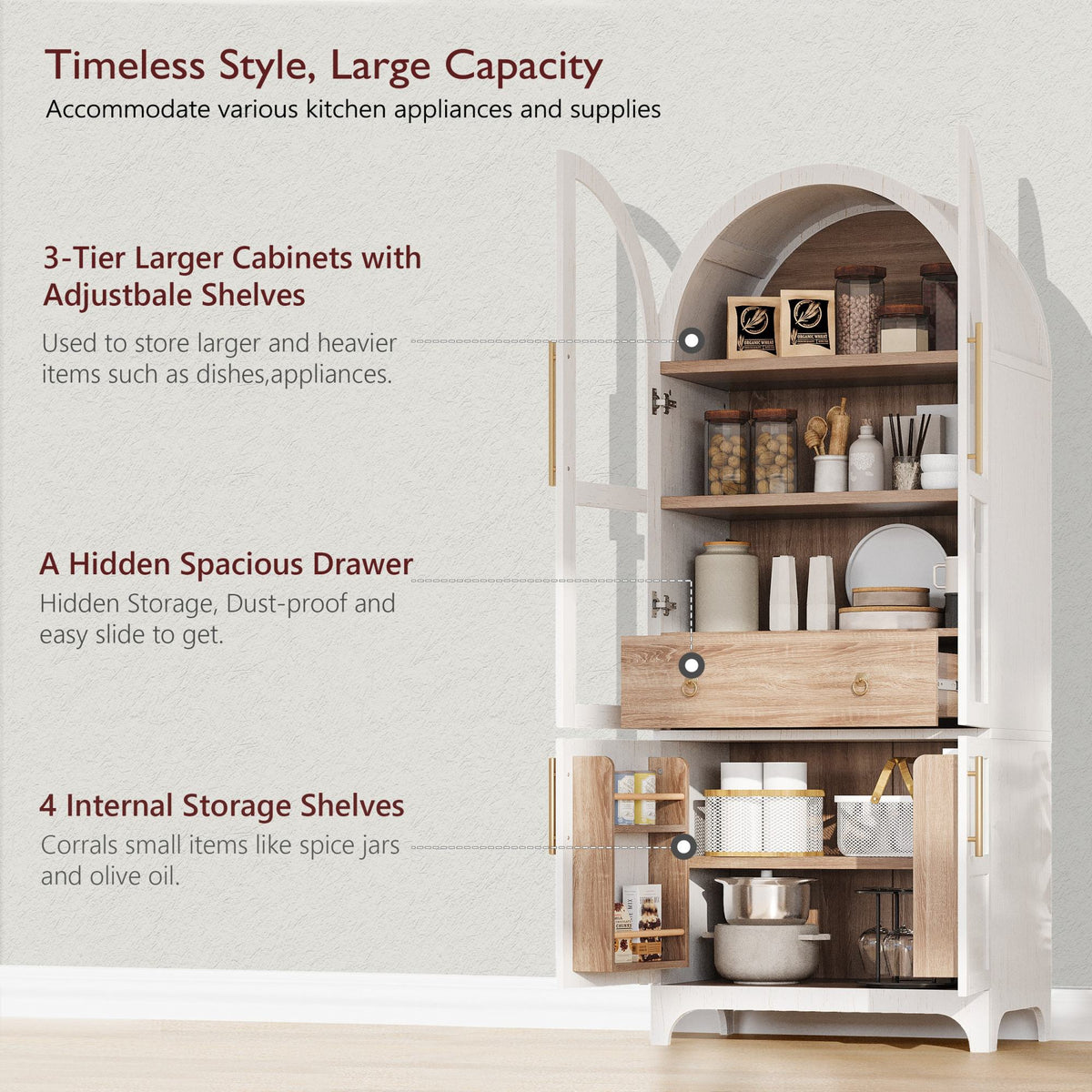 K&K 71" Tall Arched Kitchen Pantry Cabinet with Door Shelves, Farmhouse Kitchen Storage Cabinet with Open & Adjustable Shelves