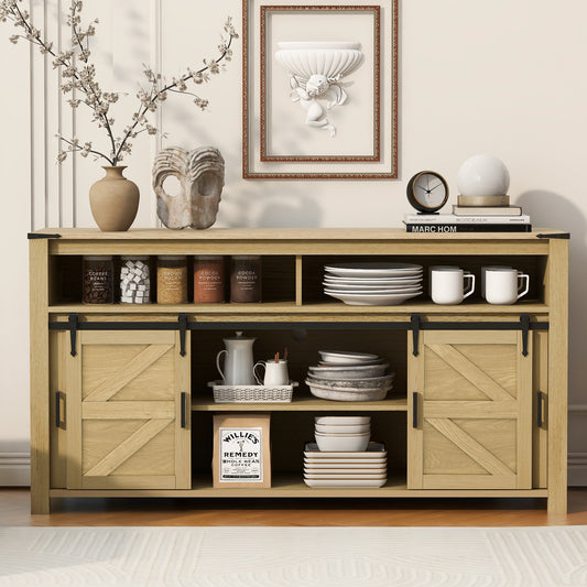 U_STYLE 59.3''Sideboard with Sliding Barn Door and Mesh Panels, Farmhouse Buffet with Open Storage