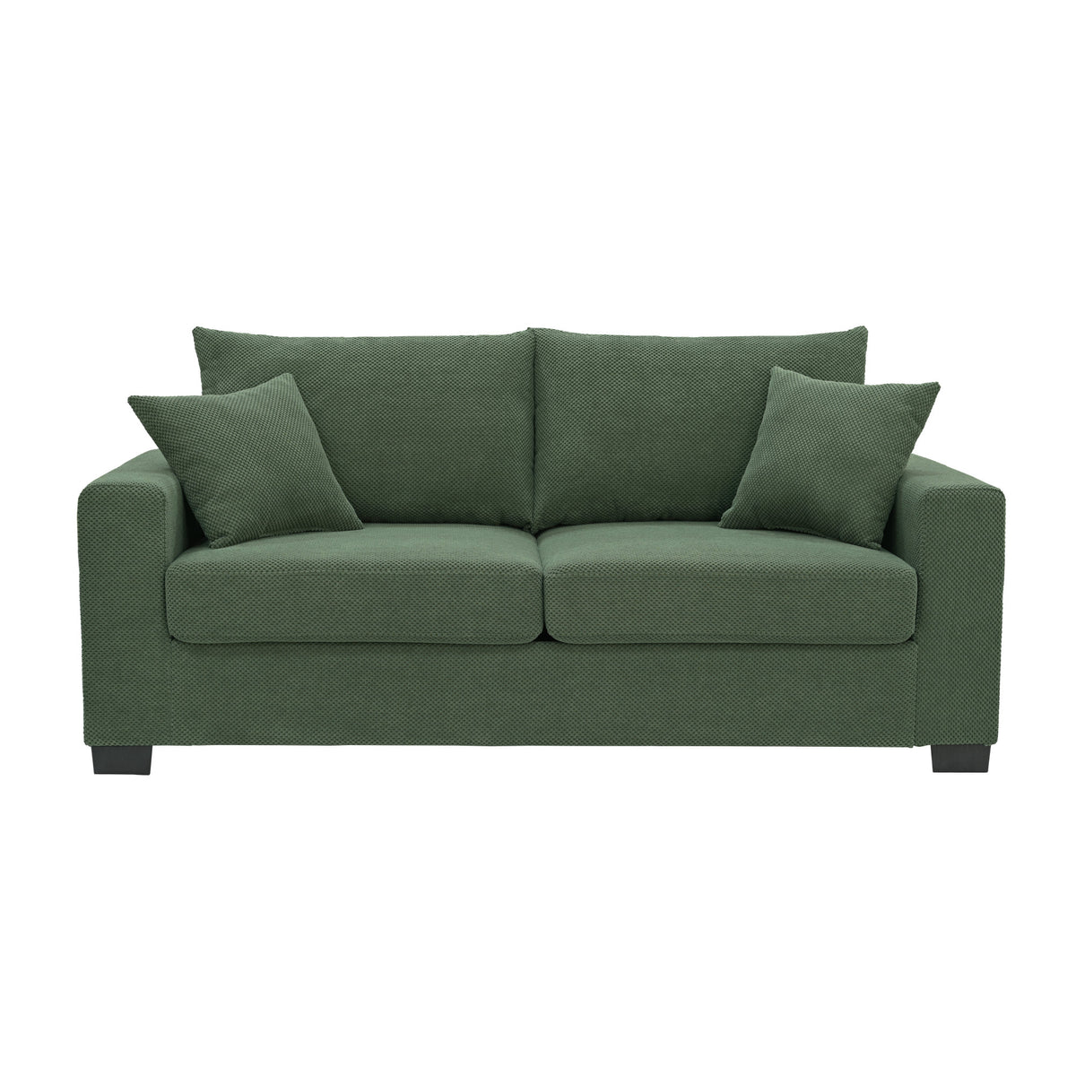 69-inch two-seater  Sofa with Textured Fabric, Comfortable Upholstered Couch with 2 Throw Pillows and Sturdy Plastic Legs for Living Room, Apartment, Office,  Dark Green